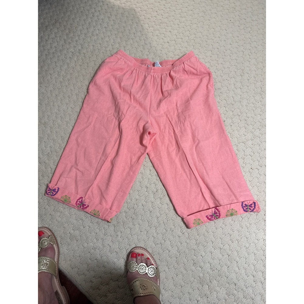 Kim Rogers Peach Linen Blend Butterfly Embroidered Capri Pants Womens Large